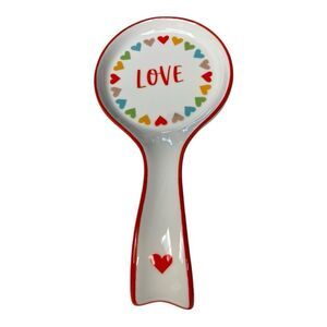 Spoon Rest "LOVE" White with Multicolor Rainbow Hearts, Ceramic